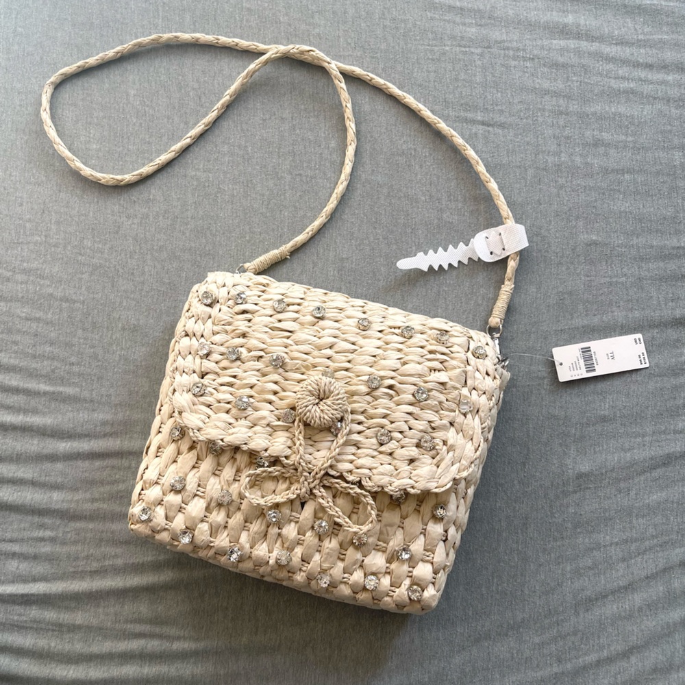 Anthropologie Embellished Straw Crossbody‎ Bag NWT Tan Cream Woven - Picture 4 of 11